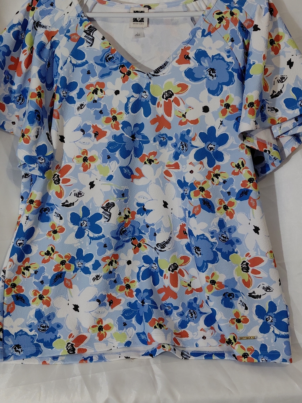 Anne Klein Blue Floral V-Neck Blouse with Coral & Lime Accents